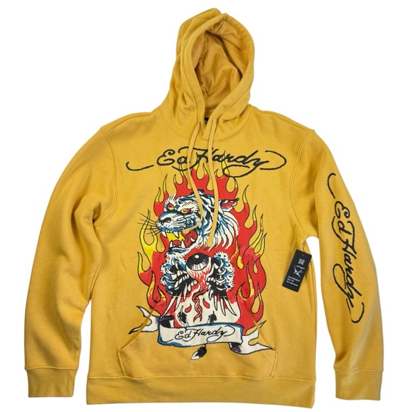 Ed Hardy Other - Ed Hardy Fire Tiger Flame Golden Yellow Pullover‎ Hoodie Men's Size Medium